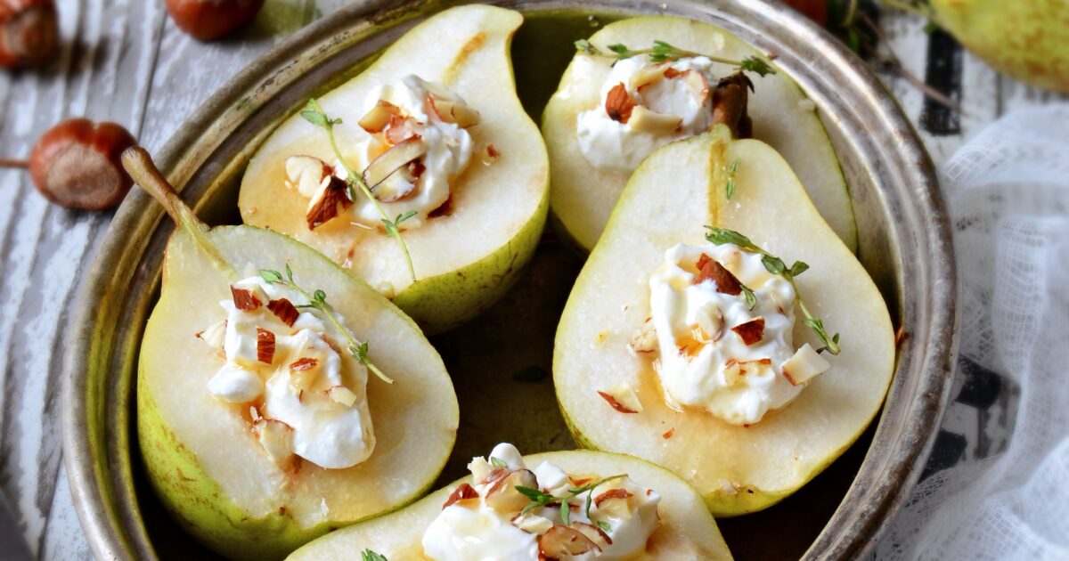 Brandied pears with cranberry orange goat cheese are an easy holiday dessert - SavorNation