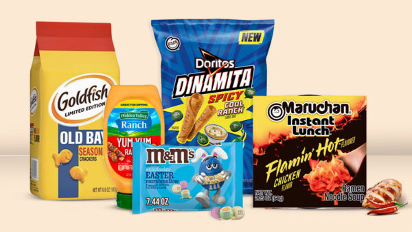 Goldfish, Hidden Valley, Doritos, M&M's, Maruchen Ramen