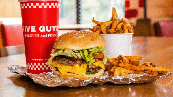 Five Guys burger and fries meal with drink