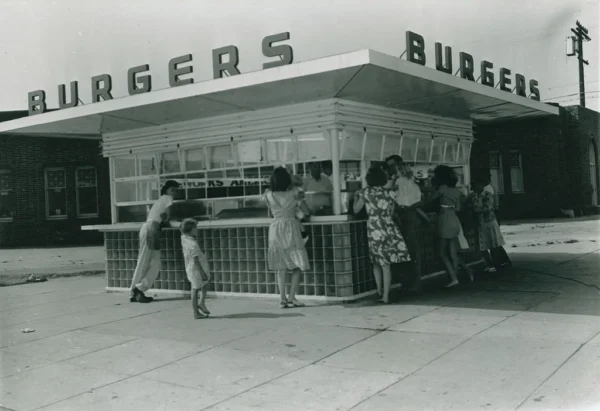 burger stand black and white photo