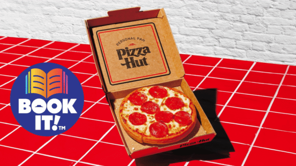 Pizza Hut personal pan pizza with a Book-It logo