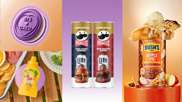 Purple BTS Oreo, Miller Lite Pringles and Bush's Baked Beans in apple pie flavor on colorful background.