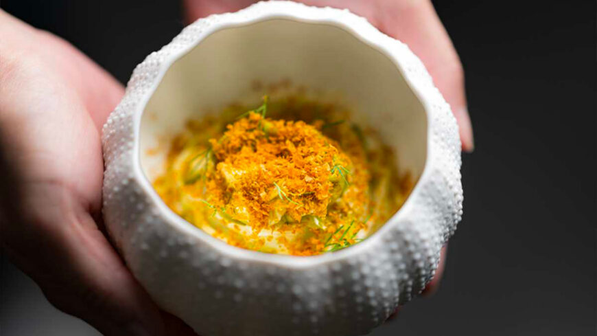 A white textured ceramic bowl held in two hands, filled with a creamy pasta dish topped with bright orange crispy garnish and fresh dill.