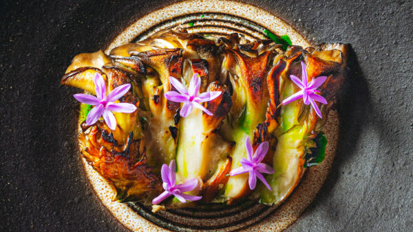Charred roasted cabbage wedges arranged in a dark bowl with a light sauce, green herb oil, and purple edible flowers as garnish.