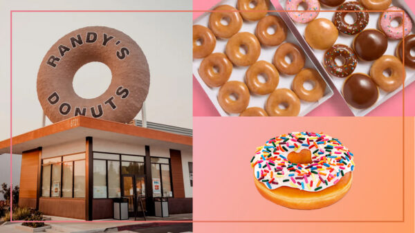 Randy's Donuts big donut on roof, box of glazed donuts and frosted donut