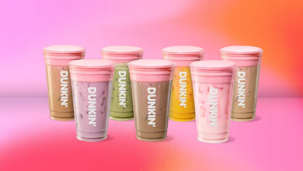 Dunkin Donuts summer iced beverages topped with pink cold foam on pink and orange background