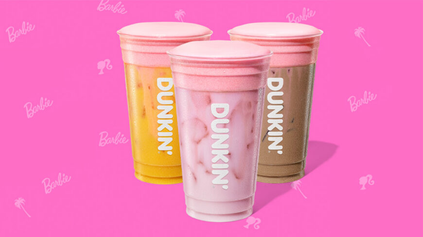 Dunkin Donuts summer iced beverages topped with pink cold foam on pink background