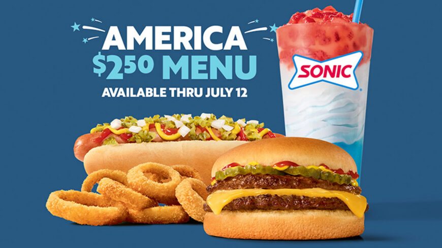 Promotional graphic featuring a cheeseburger, chili cheese hot dog, onion rings, and a red-and-white frozen drink alongside the text "America $2.50 Menu Available Through July 12" on a blue background.