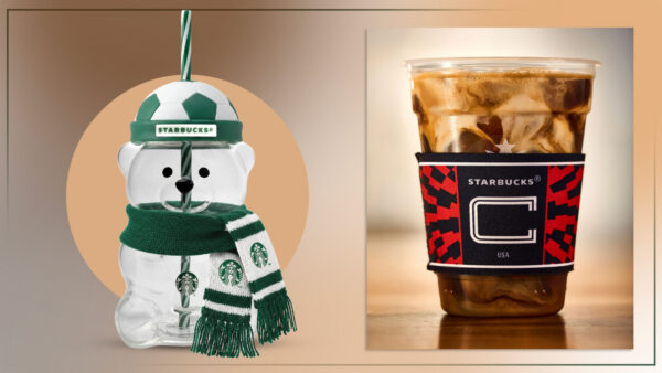 Starbucks bearista cup with soccer hat and Starbucks World Cup coffee sleeve