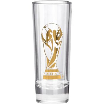 Shot glass with gold world cup graphic on white background