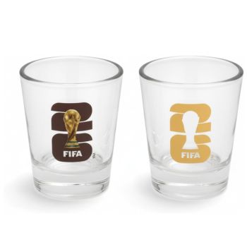 Two shot glasses with FIFA logos on white background
