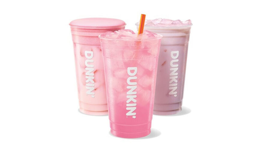 Dunkin Donuts summer iced beverages topped with pink cold foam on white background