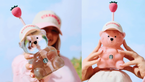 Pink Starbucks Bearista cup on top of girl's head