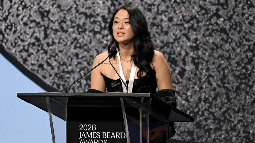 Susan Bae accepts award at James Beard Awards