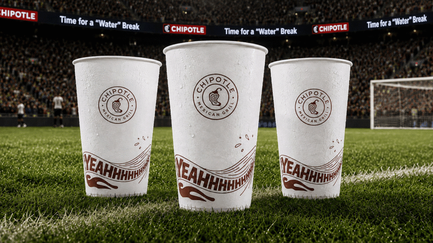 Three Chipotle water cups lined up on stylized soccer field
