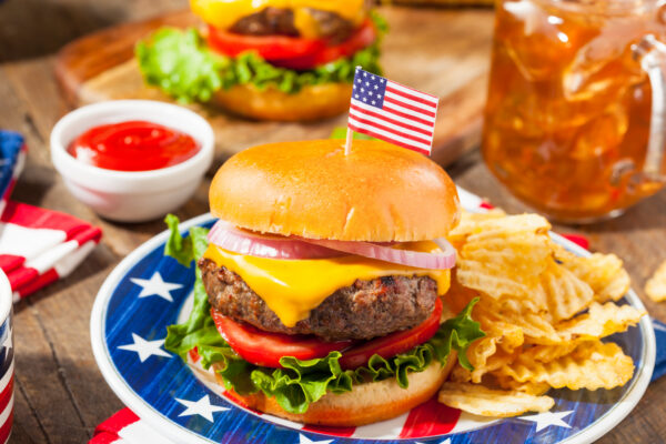 Homemade Memorial Day Hamburger Picnic with Chips and Fruit