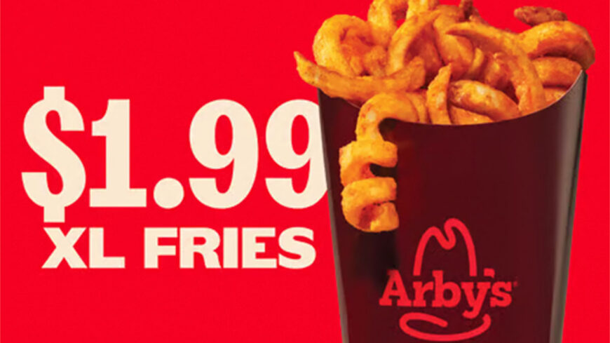 Promotional graphic featuring a large container of Arby's curly fries beside bold white text reading "$1.99 XL Fries" on a bright red background.