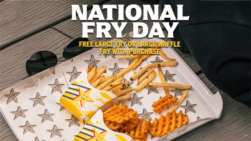 Promotional graphic for National Fry Day featuring French fries and waffle fries on a tray. The offer is a free large fry or large waffle fry with any purchase.