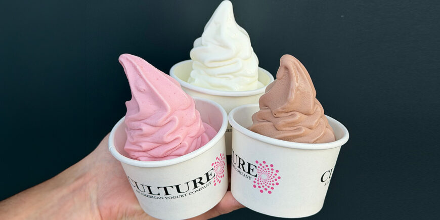 Three cups of frozen yogurt in strawberry, vanilla, and chocolate flavors are held against a dark background.