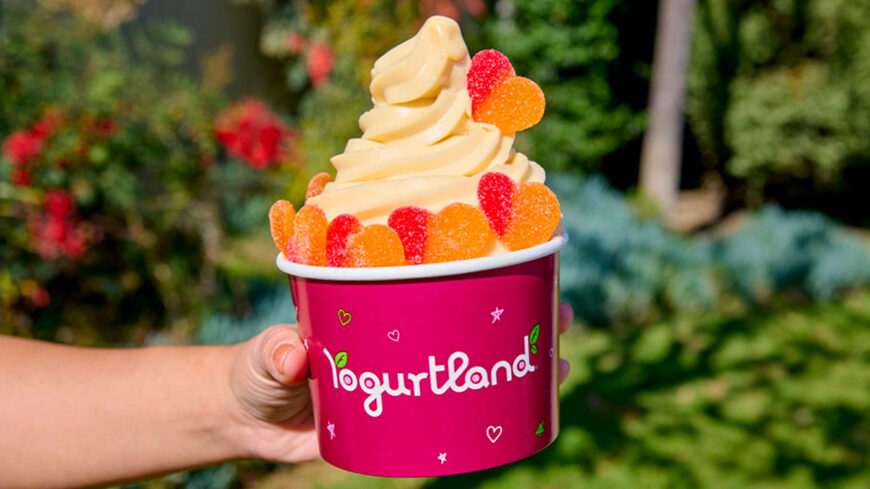 Hand holding a cup of vanilla frozen yogurt topped with red and orange gummy candies in a pink Yogurtland cup, with a sunny garden blurred in the background.