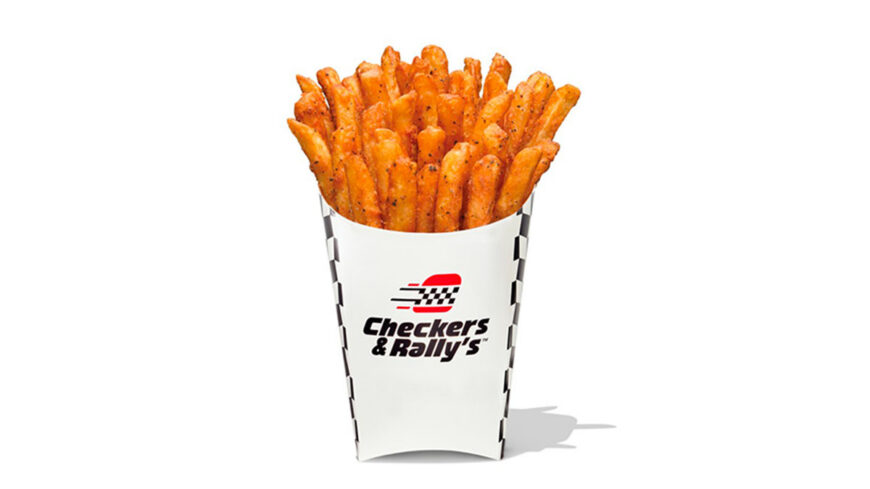 Close-up of a white Checkers & Rally's fry carton filled with seasoned French fries against a plain white background.