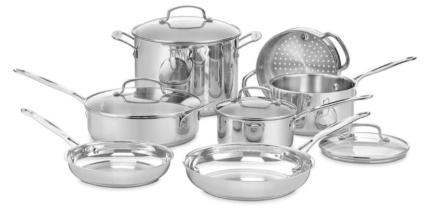 set of six stainless steel pots and pans with lids on a white background