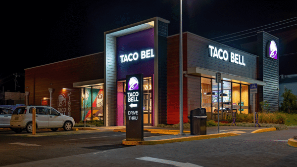 Taco Bell storefront at night timee