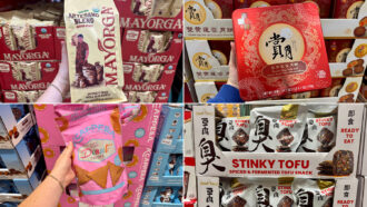 Four-panel collage of Costco food finds: Mayorga Organic Artesano Blend coffee, a red box of double-yolk lotus seed paste mooncakes, Cappella maple-glazed donut crisps, and Snak Yard spicy fermented stinky tofu snacks.
