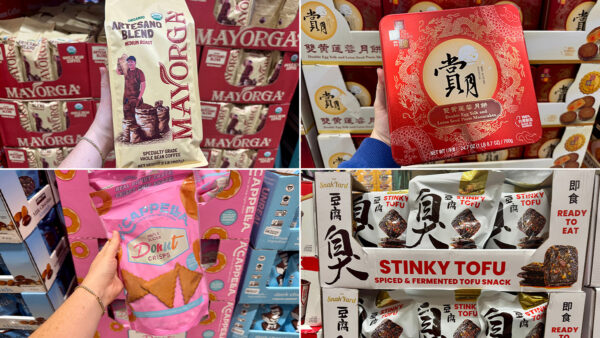 Four-panel collage of Costco food finds: Mayorga Organic Artesano Blend coffee, a red box of double-yolk lotus seed paste mooncakes, Cappella maple-glazed donut crisps, and Snak Yard spicy fermented stinky tofu snacks.
