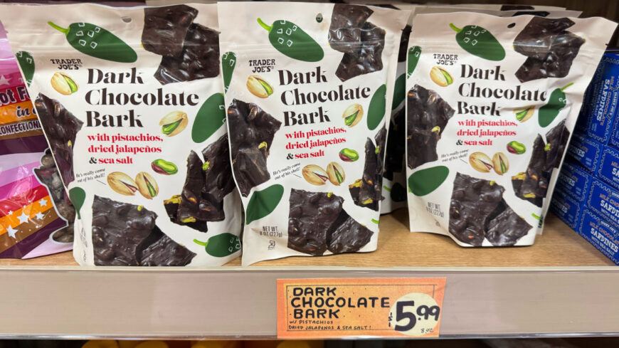 Trader Joe's Dark Chocolate Bark with Pistachios, Dried Jalapenos, & Sea Salt.