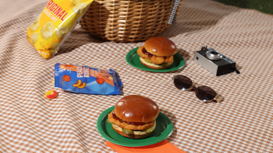 Picnic scene with two fried chicken sandwiches on green plates, a bag of chips, candy, sunglasses, and a vintage camera on a checkered blanket.