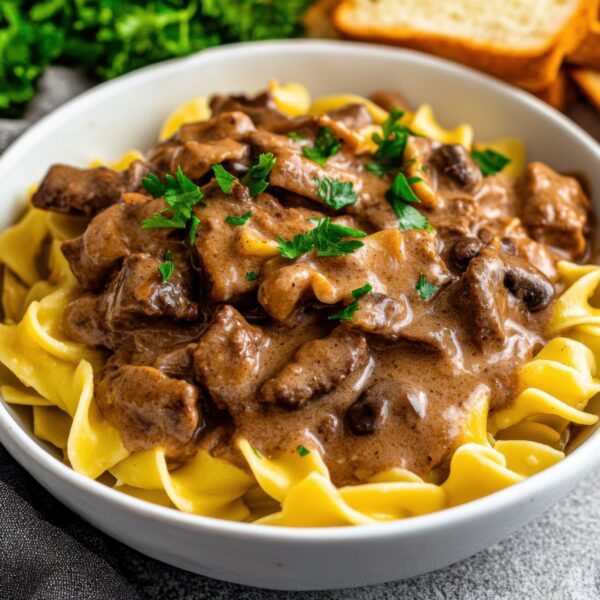 A savory and rich beef stroganoff with tender strips of beef in a creamy mushroom sauce, served over a bed of egg noodles, in a white bowl