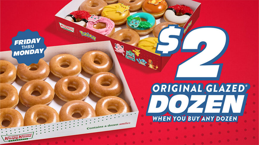 Krispy Kreme doughnuts in original glazed and colorful Pokémon-themed designs arranged in two boxes against a red background, with text promoting a $2 dozen offer.