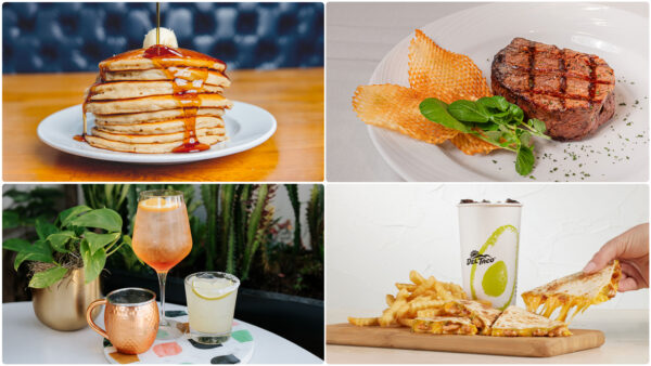 Four-panel collage featuring a stack of pancakes, grilled steak with chips and greens, cocktails on a patio table, and a cheese-filled Mexican-style meal with fries and a drink.