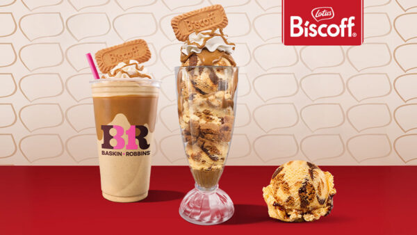 A Baskin-Robbins milkshake, a tall ice cream sundae, and a single scoop of ice cream, all featuring Lotus Biscoff cookies, whipped cream, and caramel-colored drizzle against a beige patterned background.