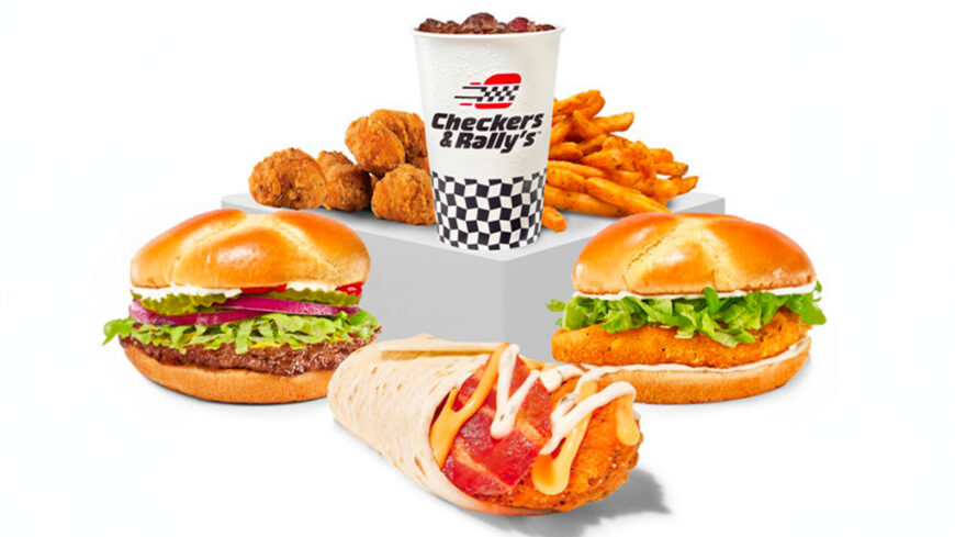 Checkers & Rally’s meal featuring two burgers, a chicken wrap, seasoned fries, fried chicken bites, and a branded drink cup arranged on a white background.
