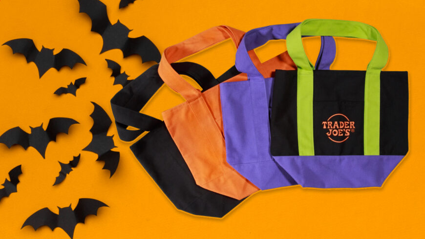 Trader Joe's Halloween mini tote bags on an orange background with bat details