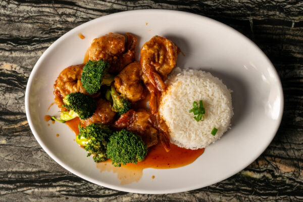 General Tso's shrimp with white rice