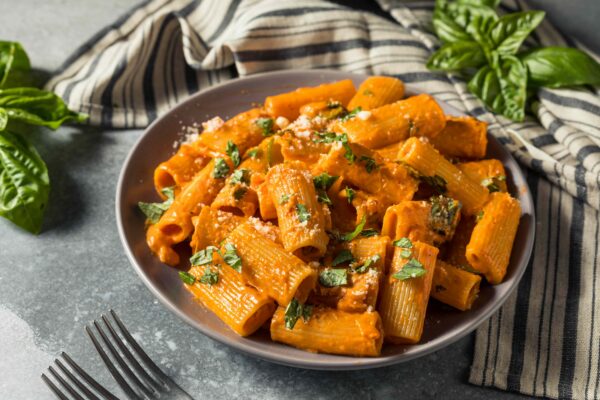 Healthy Homemade Vodka Rigatoni Pasta with Cheese and Basil
