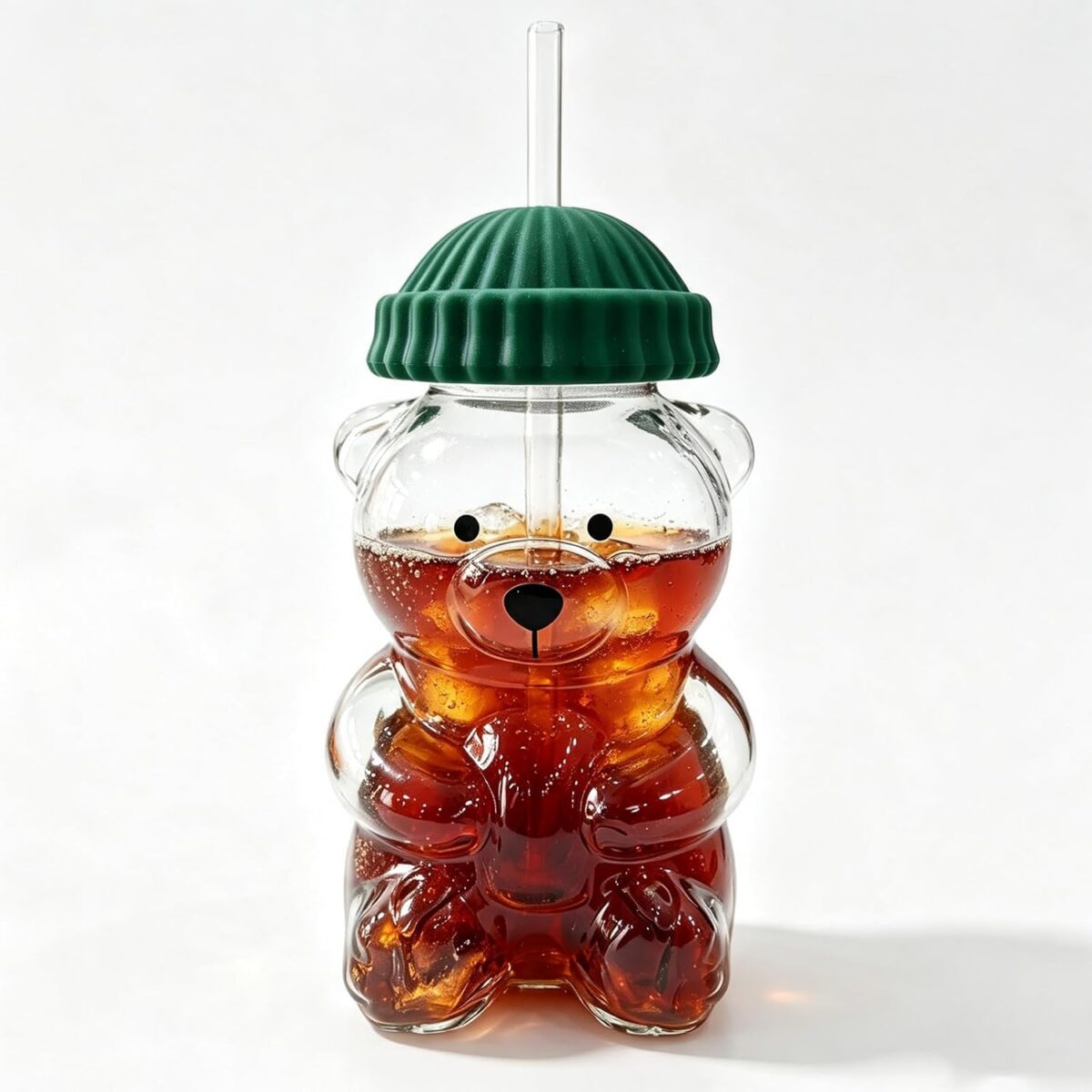 ZHSSTUIEN Cute Bear 20oz High Borosilicate Glass Cup with Straw & Lid