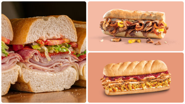 Collage featuring three sandwiches: a classic deli sandwich layered with sliced meats, lettuce and tomato; a steak and cheese sub with sautéed peppers and onions; and a turkey sandwich with stuffing and cranberry sauce.