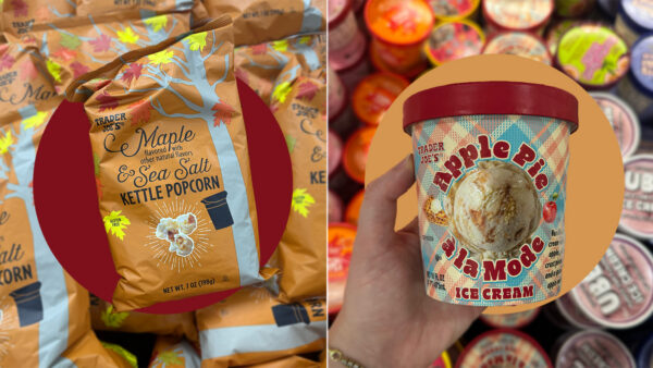 Trader Joe’s seasonal products including Maple & Sea Salt Kettle Popcorn and Maple Pecan Clamol ice cream, shown in a promotional collage.