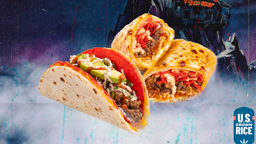 A crispy taco filled with seasoned ground beef, avocado, cheese, and salsa alongside two toasted burritos filled with beef, rice, cheese, and red peppers.