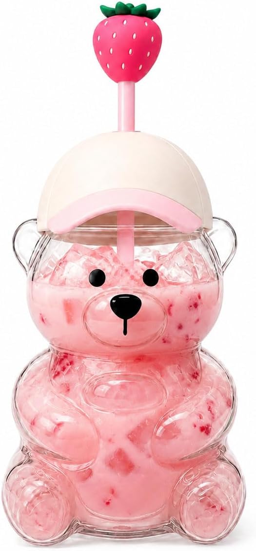 Tellsoul Glass Bear Cup with Straw & Lid Pink