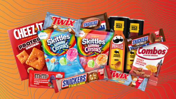 Mars candies and snacks against a colorful background