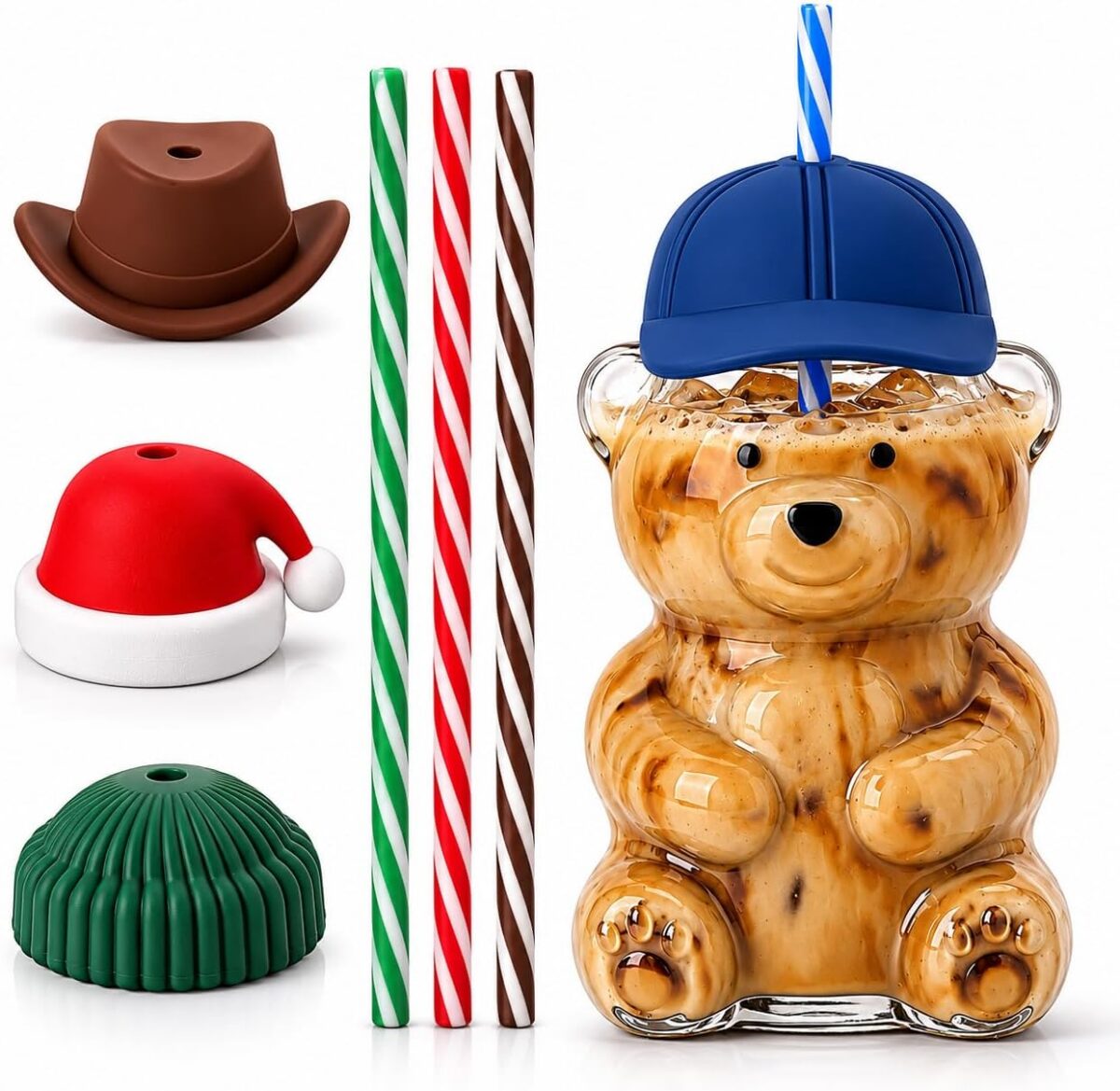 MosJos Teddy Bear Glass Cup with 4 Interchangeable Hat Lids