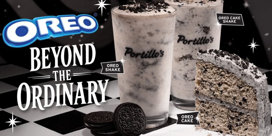 Promotional image featuring Portillo’s Oreo Shake and Oreo Cake Shake alongside a slice of Oreo cake and Oreo cookies, with the headline “OREO Beyond the Ordinary.”
