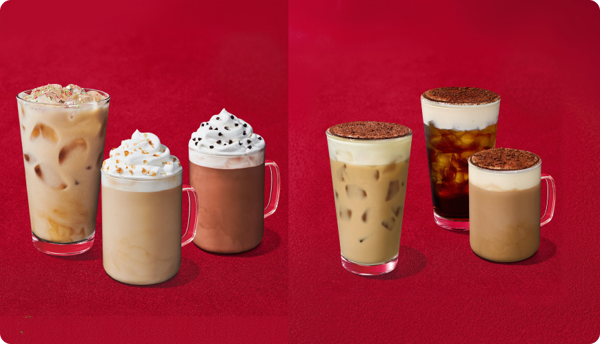 Starbucks holiday drinks against a red background