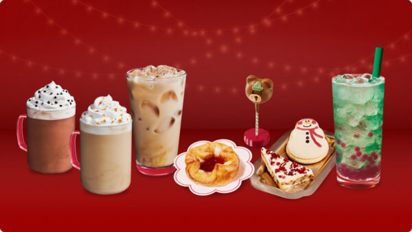 Starbucks holiday menu items against a red background