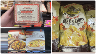 A collage of Trader Joe’s Thanksgiving products: Grandma’s Stuffing chicken sausage, cornbread stuffing, creamy corn pudding, and Thanksgiving stuffing-seasoned kettle chips.